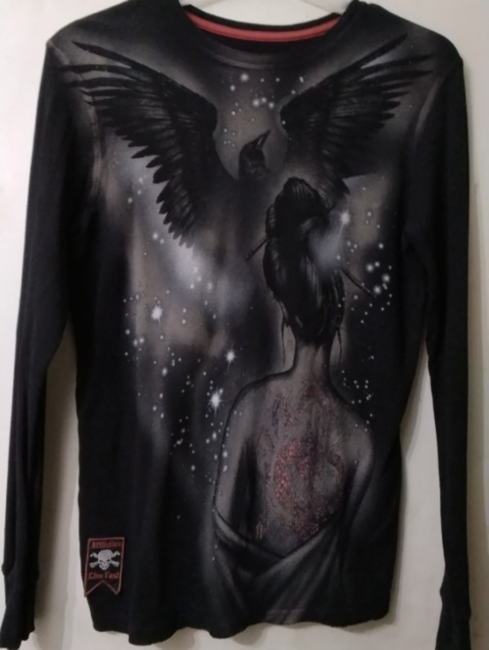 Affliction Black Long-Sleeve Graphic Shirt with Raven  Men's Sz Medium